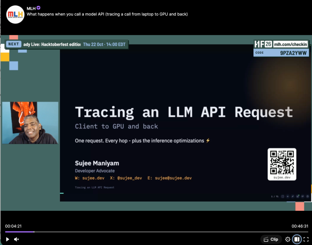 Sujee Maniyam presenting Tracing an LLM API Request during the MLH livestream
