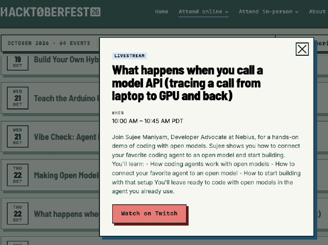 Hacktoberfest livestream event details for Tracing an LLM API Request