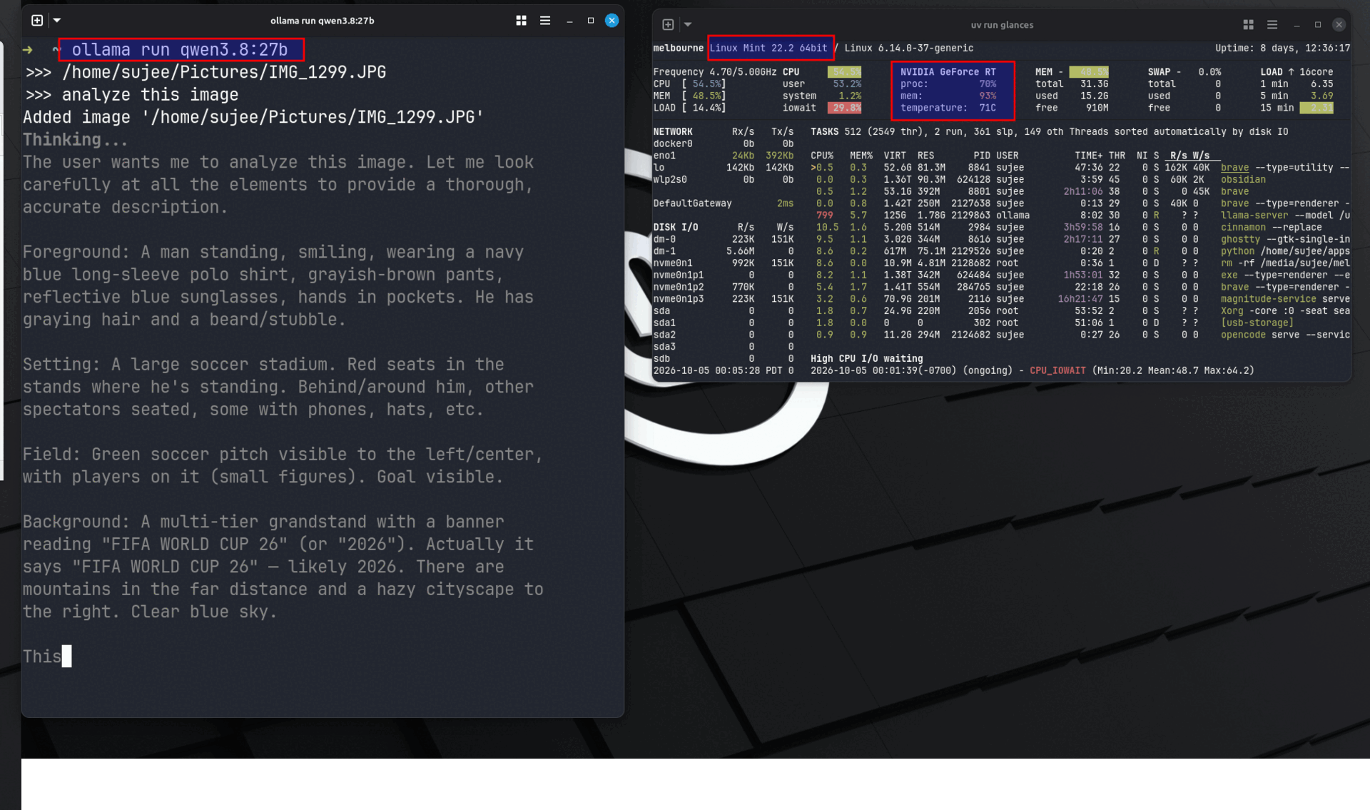 Linux Mint desktop with an NVIDIA GPU running an AI model locally with Ollama